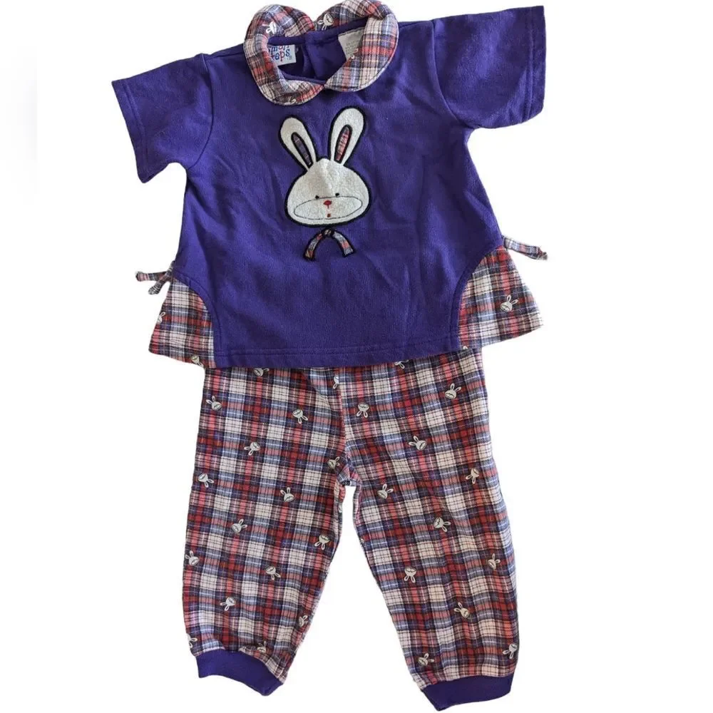 Vintage girls Small steps‎ purple plaid 2 piece embroidered bunny outfit  18 mts